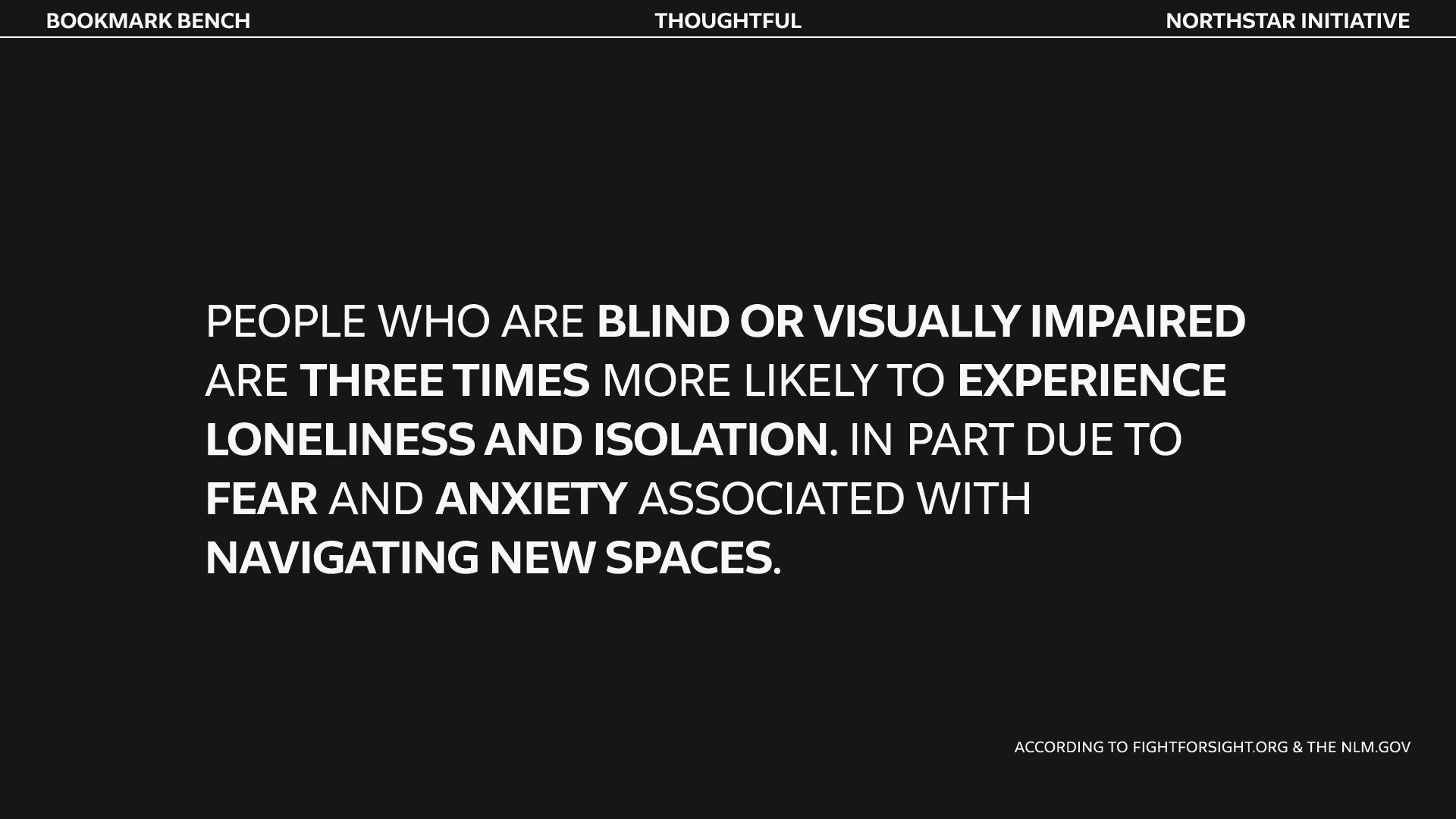 People who are blind or visually impaired are three times more likely to experience loneliness and isolation. In part due to fear and anxiety associated with navigating new spaces.