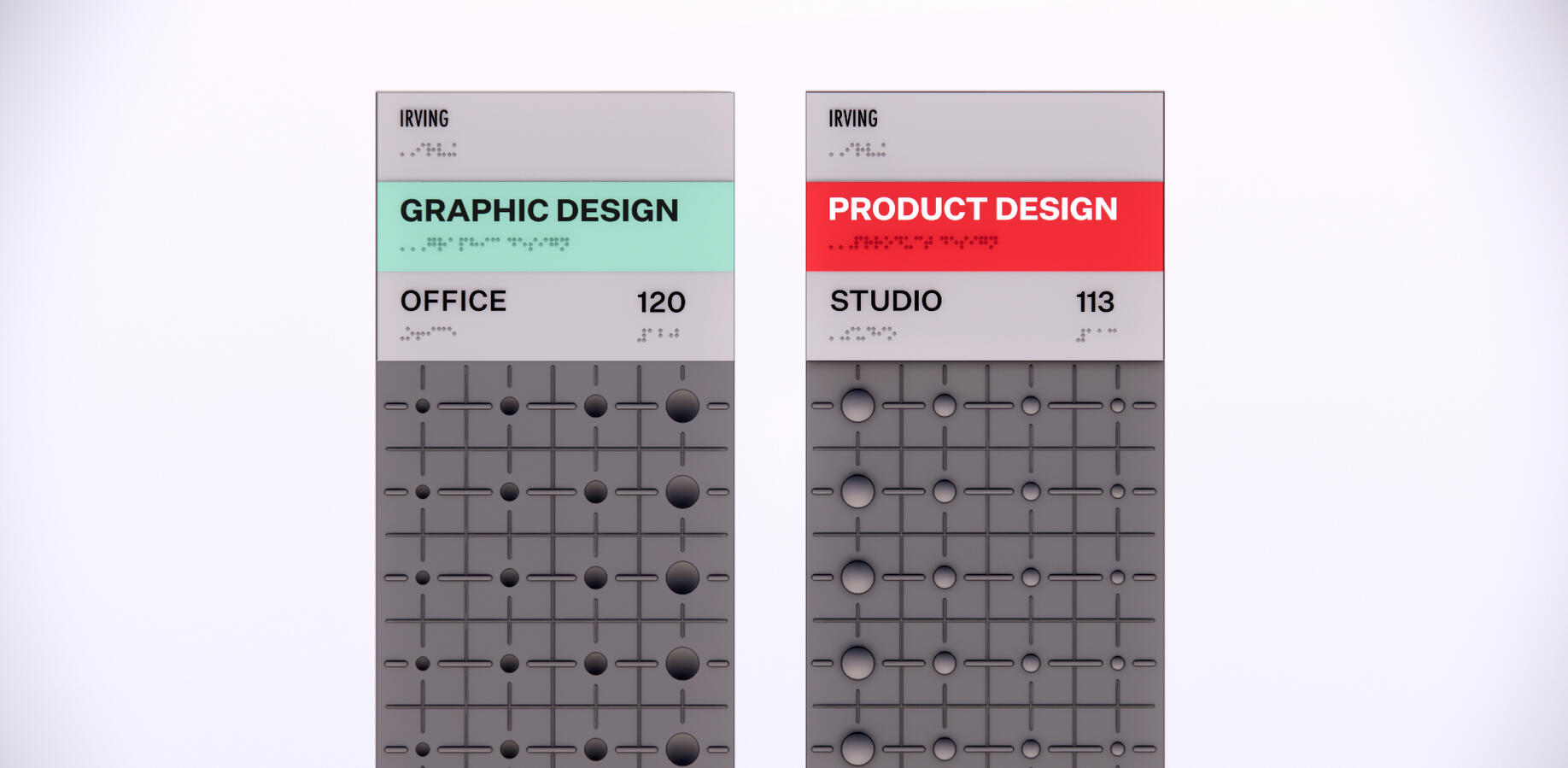 Room ID Totems: Grey panels with signage reading product design (with a red background) and graphic design (with a teal background).